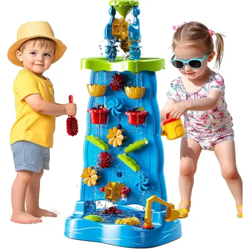 Water Table for Toddlers 1-3 Kids Ages 4-8, Double-Sided Waterfall Discovery Wall with Rich Activity Set, Summer Kids Outdoor Beach Sensory Sand Water Play Table Toys, Birthday Gifts for Boys & Girls