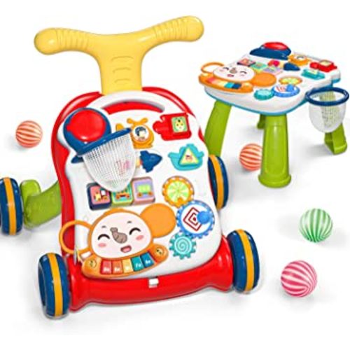 CUTE STONE Sit-to-Stand Learning Walker, 2 in 1 Baby Walker, Early Educational Child Activity Center, Multifunctional Removable Play Panel, Baby Music Learning Toy Gift for Infant Boys Girls
