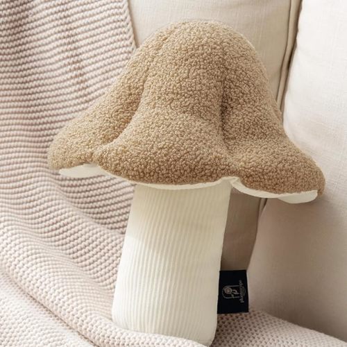 Phantoscope Mushroom Shaped Throw Pillow, Teddy Fleece Soft Mushroom Decorative Pillows Cute 3D Shaped Cushion for Couch Sofa Bed Chair, Beige,16 x 14 inches