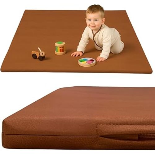 Premium Large Vegan Leather 1.4 Inch Thick Padded Baby Play Mat – Soft, Cushioned, Non-Toxic, and Easy to Clean, Brown, Large Size, Faux Leather Playmat (48" x 48")