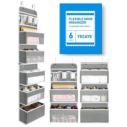 Yecaye 6-Tier Over the Door Storage Organizer, Flexible 1 Split into 2 Swing-proof Hanging Bathroom Storage Organization, Bedroom Organizer and Storage for Newborn Baby Essentials, Grey
