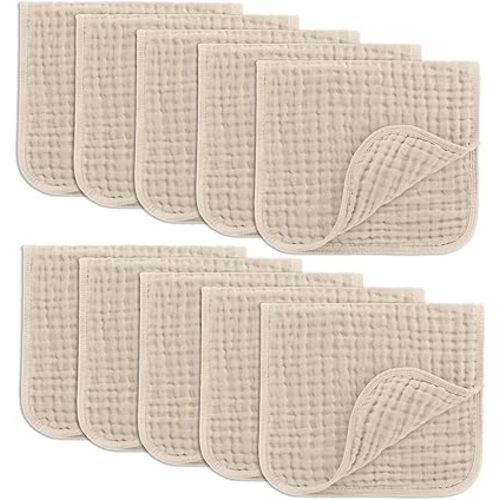 Comfy Cubs Muslin Burp Cloths Set (20”X10”, Pack of 10) - Large, 6-Layer, Ultra Absorbent 100% Cotton for Baby Spit-Up, Drool, and Messes - Soft, Gentle - Great, (Sand)