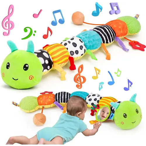 Baby Sensory Toy 0-3 Month Music Animal Stuffed Plush Caterpillar Toy for Infant 0-3-6 Month Tummy Time with Baby Mirror Crinkle Rattle for 6-12 Month Texture Toy for Boys Girls Newborn Birthday Gifts