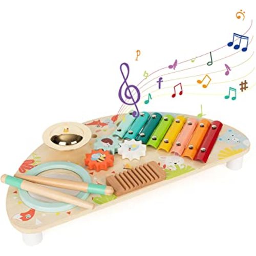 Baby Toys Musical Instruments, Rundad All-in-one Wooden Montessori Musical Set for 1&2Y (Includes Xylophone Drum Cymbal Guiro Gears), Gifts for 1+ Year Old Girl Preschool