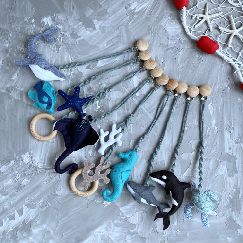 Nautical stroller mobile / Sea creatures stroller toys set / Pram accessory/ Stroller lanyard/ Pram felt toy/ Ocean stroller rattle/