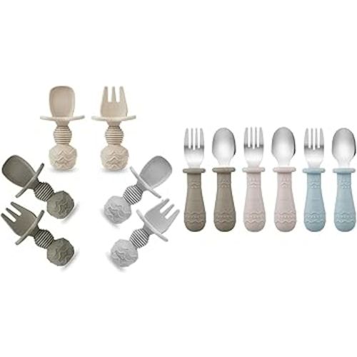 PandaEar Silicone Baby Spoons & Toddler Utensils (Light Tan/Walnut/Blue)