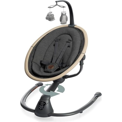 Maxi-Cosi Cassia Baby Swing, Infant Swing, Automatic Motion Sensor, Music, Toys, Adjustable Recline, 360 Degree Rotation, Lightweight & Portable - Beyond Graphite