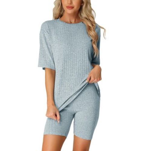 cheibear Women's Tracksuit Short Sleeves Top with Shorts Ribbed Knit Soft Pajama Sets Khaki Medium