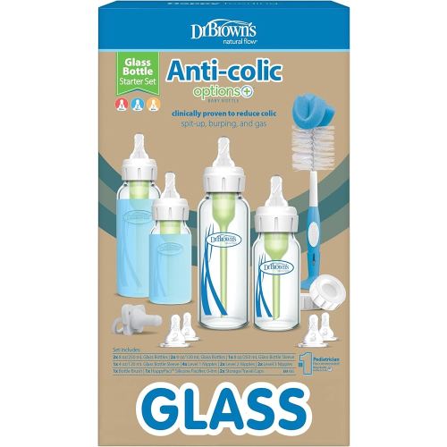 Dr. Brown's Anti-Colic Options+ Narrow Glass Baby Bottle Starter Set with Silicone Bottle Sleeves, Levels 1, 2, and 3 Nipples, Soft Touch Cleaning Brush, Storage/Travel Caps, and HappyPaci