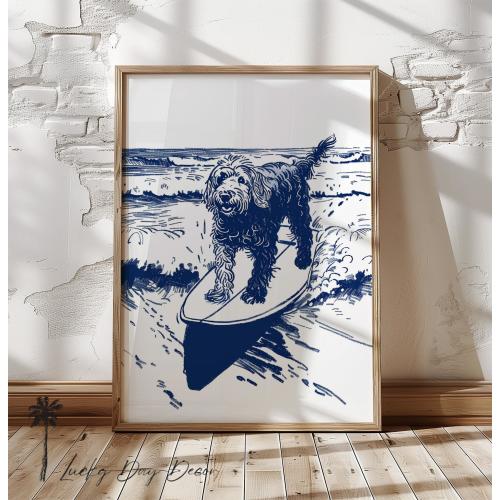 Happy Beach Doodle Surfing Waves - Vintage Coastal Home Print - Doodle Dog Ocean Wave Room Wall Art Adorable Fun Dog Lover Navy Blue Sketch