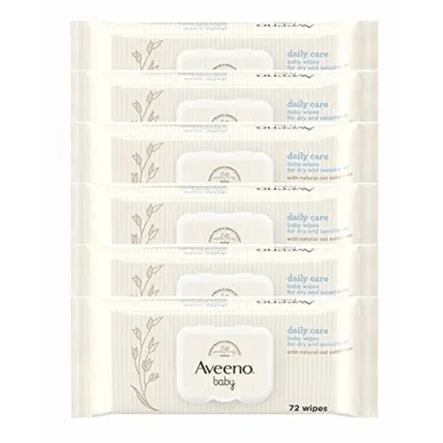 AVEENO Baby Daily Care Wipes - Cleanse Gently and Efficiently - Baby Wipes - Baby Essentials - 72 Wipes, Lid On Each Pack, Pack of 6 (432 Wipes in Total)