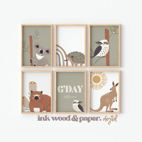 Australian Animal Wall Art Prints, Set of Six, Baby Boys Room, Koala, Kookaburra, G&#39;day Little One, Green Poster, Digital,  Aussie Decor