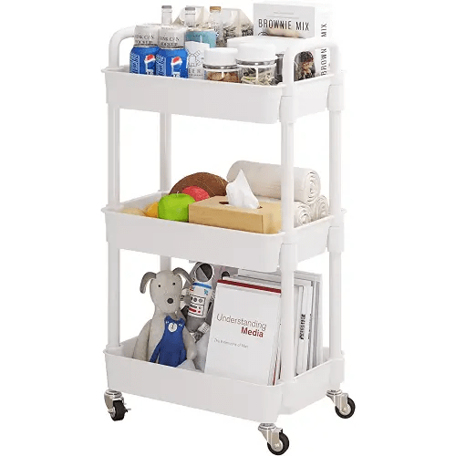 UDEAR 3-Tier Rolling Utility Cart with 12 Category Labels,Multifunctional Storage Shelves with Handle and Lockable Wheels for Room,Office,Kitchen,Bathroom,White