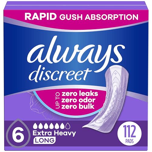 Always Discreet Adult Incontinence Pads for Women, Extra Heavy Absorbency, Long Length, Postpartum Pads, 112 Count (4 Packs of 28)