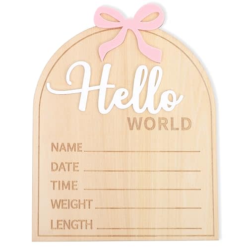 Wooden Hello World Baby Birth Announcement Sign - Coquette Hello World Baby Sign,Bow Hello World Sign,Newborn Photo Prop,Pink Bow Coquette Birth Sign