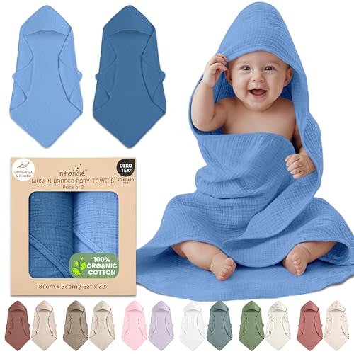 100% Organic Cotton Muslin Baby Hooded Towels 32x32 Inch – 2 Pack Soft & Absorbent Baby Towels with Hood for Boys & Girls, Premium Hooded Towels, Gentle Baby Essentials in Deep Blue/Aquarius