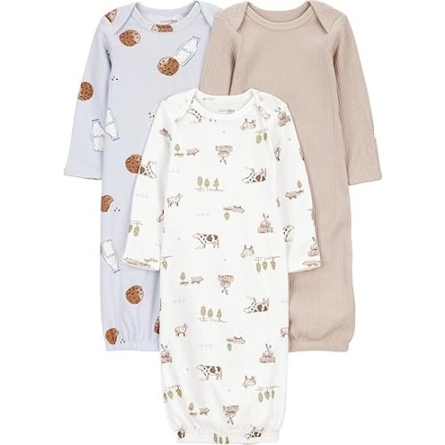 Simple Joys by Carter's Neutral 3-pack Neutral Cotton Sleeper Gown, Milk and Cookie, 0-3M