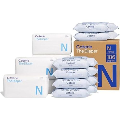 Coterie Baby Diapers + Wipes Baby Kit, Size NB (186 Count) + 12 Wipe Packs (672 Wipes) Made with Plant Derived Fibers, Hypoallergenic, Designed for Sensitive Skin, Clean Ingredients