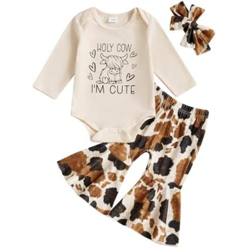 BULINGNA 3Pcs Infant Baby Girl Western Clothes Long Sleeve Cow Print Bodysuit Romper Flared Pants Headband Outfit Set