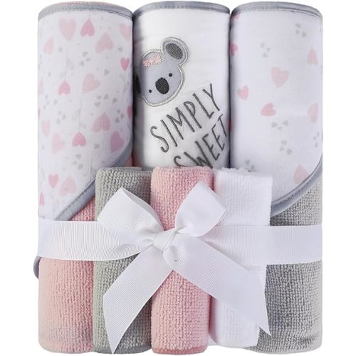 Softan Baby Hooded Towels and Washcloths Set 6 Pack, 28x28 Ultra Soft & Absorbent Baby Bath Towels for Newborn Infant Toddler, Unisex Boys Girls (Pink Heart & Grey Koala)