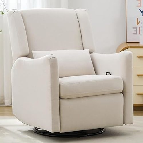 Lazy Boy Glider Recliner Nursery Chair with Wingback, Swivel Rocking Recliner for Small Spaces, Thick Cushion Linen (Beige)
