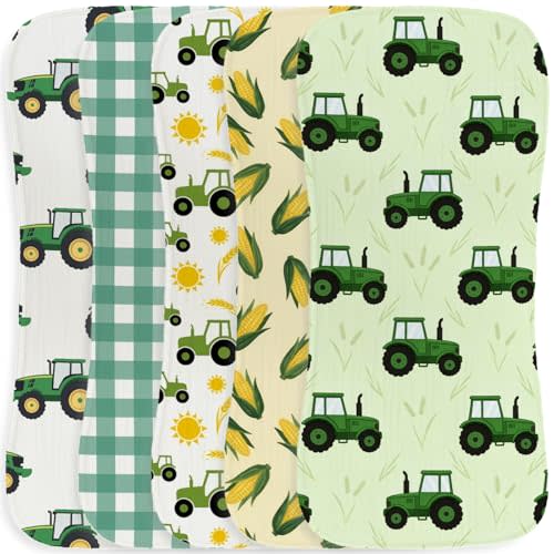 5 Pack Tractor Baby Burp Cloths for Boys Girls, Soft Cotton Large Burp Rags for Newborns, Super Absorbent Spit-Up Cloths, Green Tractor and Corn Farm Theme Design, Nursery Feeding Gift Set