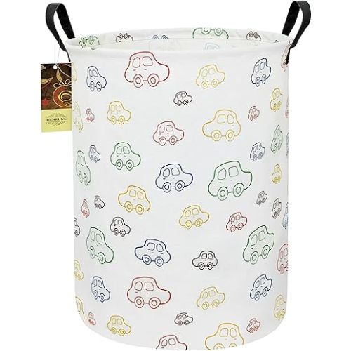 HUNRUNG Laundry Hamper,Large Canvas Fabric Lightweight Storage Basket Toy Organizer Dirty Clothes Collapsible Waterproof for College Dorms（Round-Car）