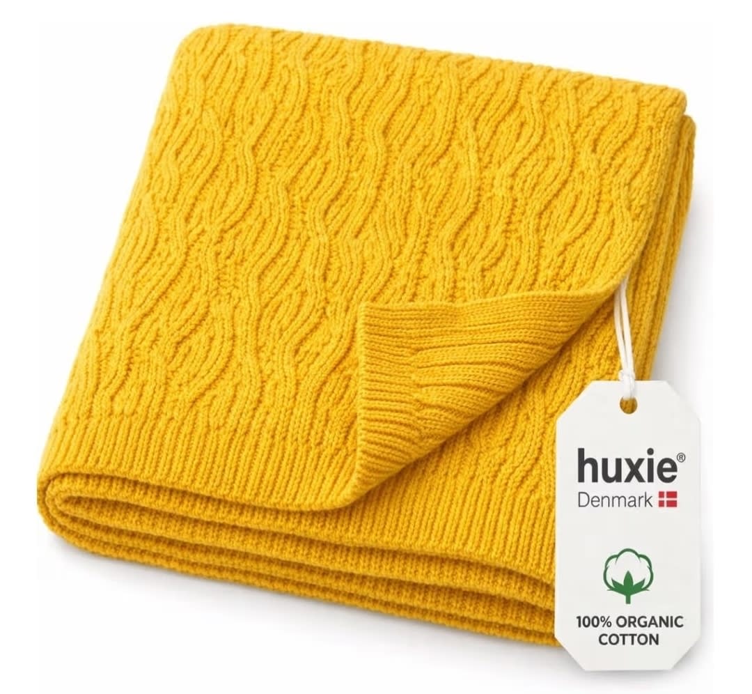 Huxie Denmark - Knitted Baby Blankets - Soft and Cozy 100% Organic Cotton Receiving Baby Blanket for Boys and Girls - Ideal for Stroller and Crib, 30 x 40 inch (Waves - Yellow)