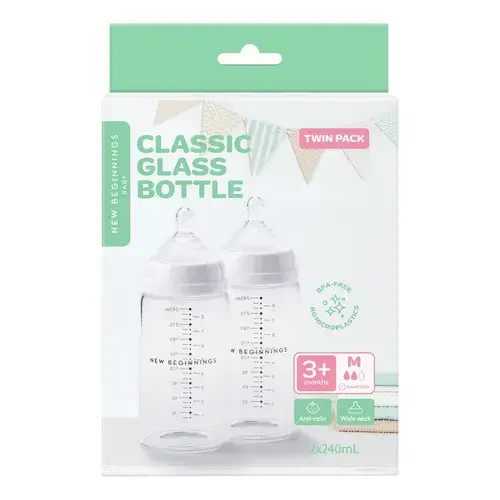 New Beginnings Classic Glass Bottle 240ml Twin Pack | Baby Bunting AU