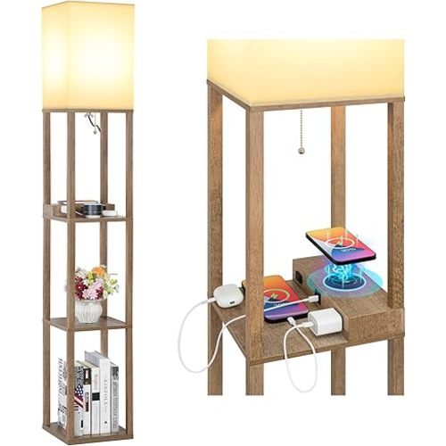 Mlambert Modern Shelf Floor Lamp with Wireless Charger & Fast Charging USB Ports & Type C Port & 2 Power Outlets,3 Tier Storage Lamp for Bedroom(Wood)