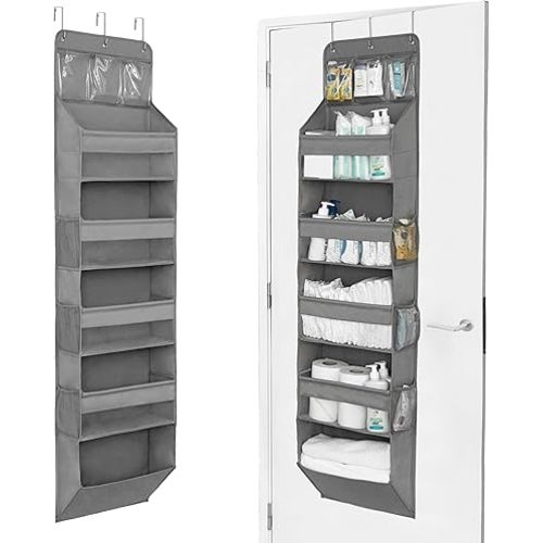 Heavy Duty Over The Door Organizer Hanging Storage – 6-Tier Behind The Door Storage with 5 Large, 6 Side & 3 PVC Pockets – 50 lbs Hanging Organizer for Closet, Nursery, Bathroom – 1 Pack, Gray