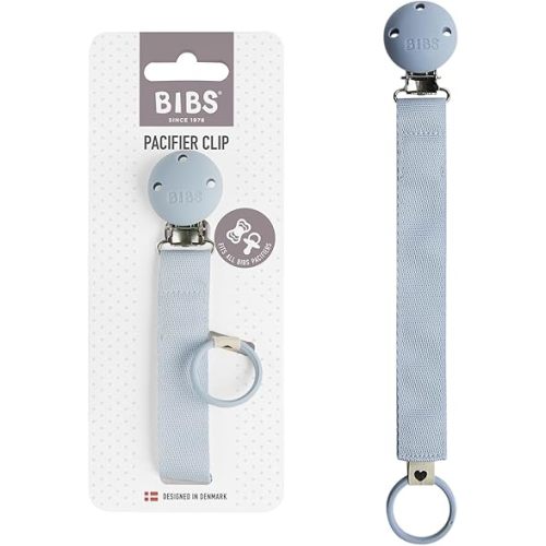 BIBS Pacifier Clip Ribbon - Secure Your Baby's Pacifier with Durable Polyester Webbing and Nickel-Free Metal Clip - Compatible with All BIBS Pacifiers - Dusty Blue