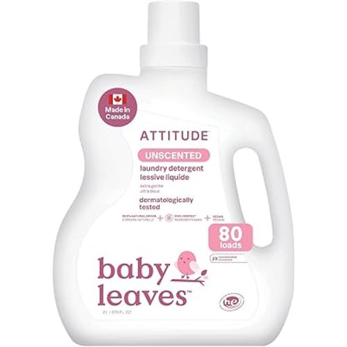 ATTITUDE Baby Laundry Detergent Liquid, Made in Canada, EWG Verified, Safe for Baby Clothes, Infant and Newborn, Vegan and Naturally Derived Washing Soap, HE Compatible, Unscented, 80 Loads, 2 Liters