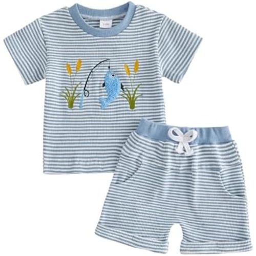 MERSARIPHY Toddler Baby Boy Girl Summer Clothes Embroidery Stripe T-shirt Tops Shorts Sets 6 12 18 Months 2T 3T Casual Outfit