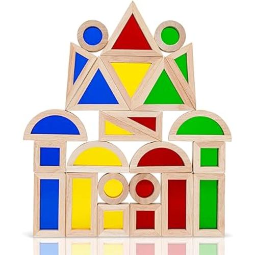 KudoJoy Wooden Building Blocks Set for Kids | 24pcs Geometry Wooden Blocks Enhancing Kid’s Creativity, Imagination, & Awareness of Colors | Educational Toy Creating Perfect Bond for Parents & Child!