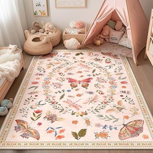 5x7 Butterfly Area Rugs for Living Room Low Pile Print Washable Rugs for Nursery Bedroom Colorful Insect Rugs Kids Room Soft Decor Water Repellent Non Slip Carpet Office Orangepink