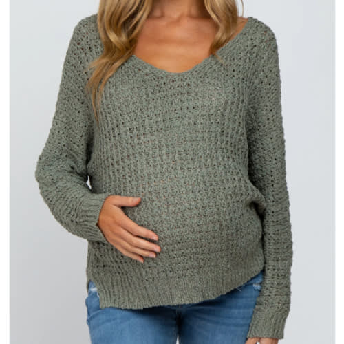 Olive V-Neck Side Slit Thick Knit Maternity Sweater– PinkBlush