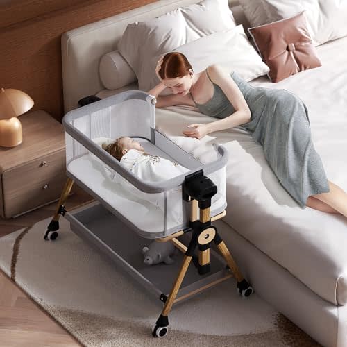 kingobabys Baby Bassinet,Bedside Bassinet for Baby, Rocking Bassinet with Storage Basket and Wheels, Adjustable 6 Heights and All Mesh Sides,Portable Baby Bassinets Bedside Sleeper for Newborn Infant