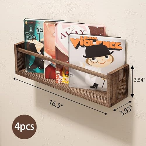 Fixwal Nursery Book Shelves, 16.5 Inch Floating Bookshelves for Nursery and Playroom Decor, Set of 4, Solid Wood Wall Mounted Shelves for Books and Toys Storage (Brown)