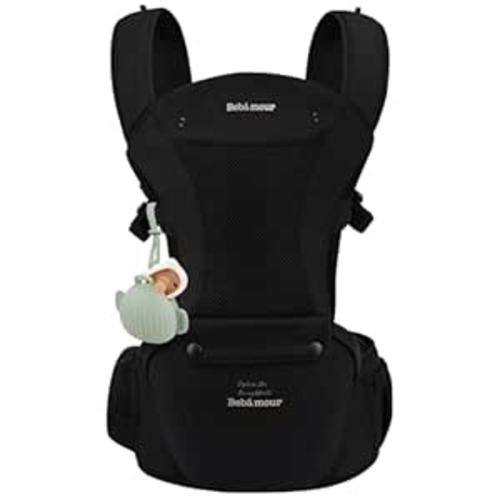 Bebamour Baby Carrier with Hip Seat,All-Position Breathable Mesh Hip Seat & Carrier 0-36Months with Head Hood, 3 PCS Teething Pads, Waist Extender,Storage Bag & Pacifier Case(Black)