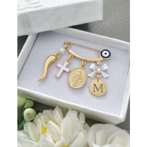 Personalized Baby Pin, Gold Italian Horn Safety Pin, Virgin Mary Cross Baby Pin, Stroller Pin Gender Neutral, Italian Horn Cornicello