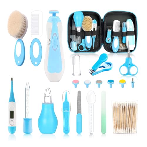 Baby Grooming Kit，Electric Safety Nail Trimmer Baby Nursery Kit，Infant Safety Care Set with Hair Brush Comb Nail Clipper Nasal Aspirator,Baby Essentials Kit for Newborn Girls Boys (21 PC-Blue Kit)