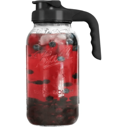 Glass Mason Jar Pitcher with Lid - Wide Mouth 2 Quart (64 oz / 1.9 Liter) Heavy Duty - Leak Proof Water Jug with Filter Lid for Juice, Milk, Cold Brew Coffee, Iced Tea, Drinks and More - Black