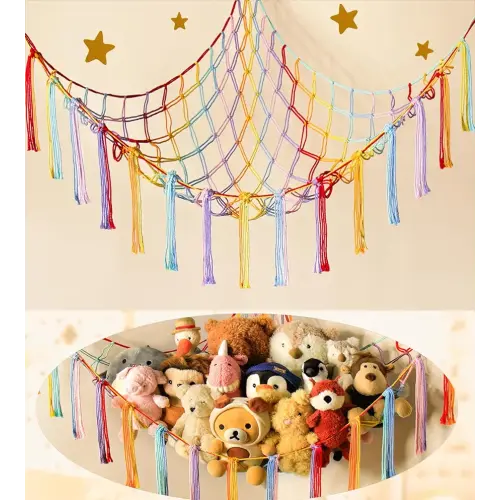 Stuffed Animal Hammock Corner Storage Net Cute Preppy Trendy Stuff Gifts for Teen Girls Baby Room Wall Nursery Decor Rainbow Color Colorful Unicorn Hanging Organizers XL Large