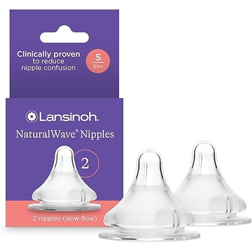 Lansinoh NaturalWave Baby Bottle Nipples – 100% Soft, Durable Silicone, Made Without BPA BPS, Anti-Colic, Supports Baby’s Developing Mouth and Teeth, Slow Flow, Size S, 2 Count, 1+ Month
