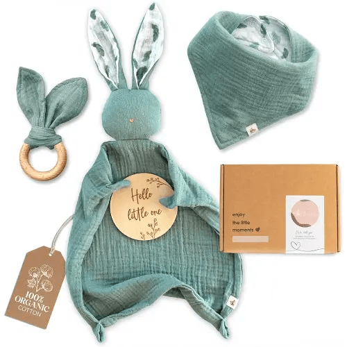 Mikito Organic Cotton Newborn Gifts Box, Baby Gifts Unisex incl. Muslin Baby Lovey Comforter + Baby Bandana Bib Drool + Wooden Baby Teether + Birth Announcement Sign, Baby Gift Set, Loveys for Babies