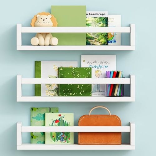 White Nursery Foating Shelves for Wall Set of 3, Wall Book Shelf for Nursery Kids Room Bedroom, Corner Bookshelf for Baby Toddler Children Girls Boys Wall Decor and Toys Books Storage