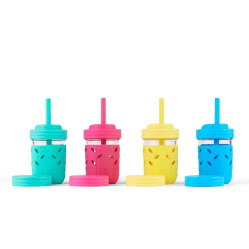 Elk and Friends Kids & Toddler Cups | The Original Glass Mason jars 8 oz with Silicone Sleeves & Silicone Straws with Stoppers | Smoothie Cups | Spill Proof Sippy Cups for Toddlers