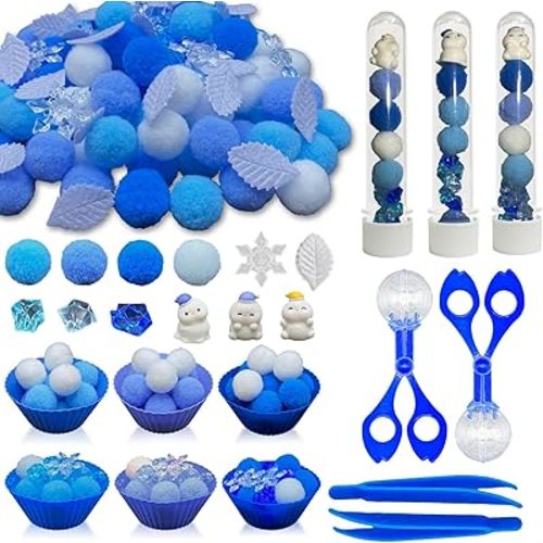 244pcs Winter Sensory Bin Filler Fine Motor Toys 2 Ways Counting Sorting with Sorting Bowls & Tubes Winter Sensory Bin Items 100 Pom Poms 45 Snowflakes 48 Ice Cubes 30 Leaves 6 Snowman