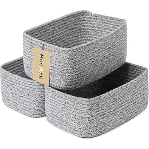 Shelf Storage Baskets for Organizing | Closet Organizer Bins | Small Toy Basket | Woven Rope Baskets | Cube Decorative Box | Shallow Basket | 11.5x7.5x4.7” | 3 Packs Mixed Grey